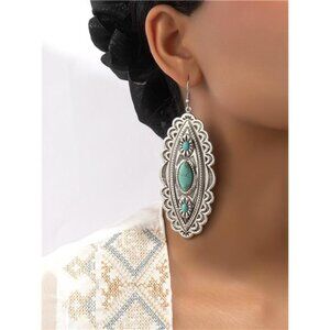 Western Antique Silver Turquoise Stone Engraved Concho Statement Earrings